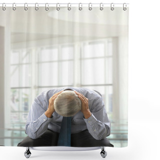 Personality  Seated Middle Aged Businessman Doubled Over With His Head In Hands In A Modern Business Office. Vertical Format. Shower Curtains