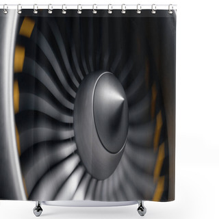 Personality  Jet Engine, Close-up View Blades. Engine Blades At The Ends Painted Orange. Jet Engine Blades In Motion. Part Of The Airplane. 3D Illustration Shower Curtains