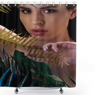 Personality  Selective Focus Of Attractive Girl Touching Leaves And Looking At Camera Isolated On Black Shower Curtains