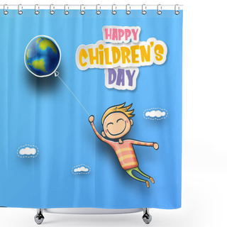 Personality  1 June International Childrens Day Background With Little Funny Boy Holding In Hands Baloon And Fly In Sky. Vector Happy International Childrens Day Poster Concept With Funny Cartoon Smiling Child Shower Curtains