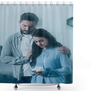 Personality  Husband Grieving And Hugging Wife With Baby Shoes Through Window With Raindrops Shower Curtains