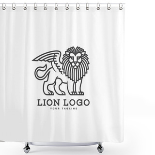 Personality  Lion With Wings Logo Template Design In Linear Style. Vector Illustration. Shower Curtains