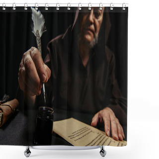 Personality  Blurred Monk Holding Feather Pen Near Inkpot And Ancient Manuscript Isolated On Black Shower Curtains