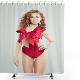 Personality  Gorgeous Woman In Fashionable Swimsuit With Red Silky Bow On White Background Shower Curtains