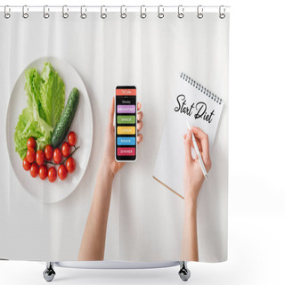 Personality  Top View Of Woman Holding Smartphone And Writing In Notebook With Start Diet Lettering Near Ripe Vegetables On Plate On White Background Shower Curtains