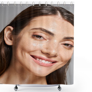 Personality  A Young Caucasian Woman With Brunette Hair And Clean Skin, Smiling Brightly With Water Droplets Covering Her Face. Shower Curtains
