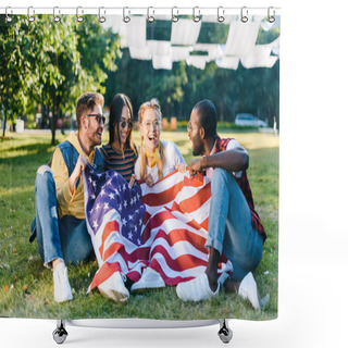 Personality  Multiracial Happy Friends With American Flag Sitting On Green Grass In Park Shower Curtains