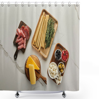 Personality  Flat Lay With Antipasto Ingredients On Boards On White  Shower Curtains