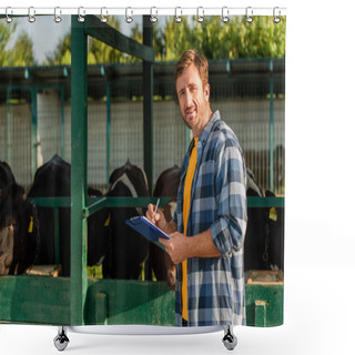 Personality  Farmer In Plaid Shirt Looking At Camera While Standing Near Cowshed And Writing On Clipboard Shower Curtains