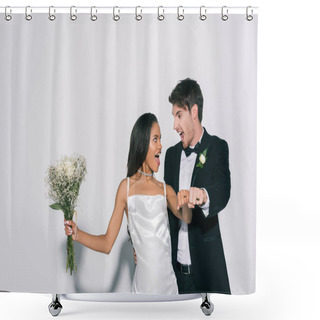 Personality  Excited Interracial Newlyweds Showing Wedding Rings On Their Hands On White Background Shower Curtains