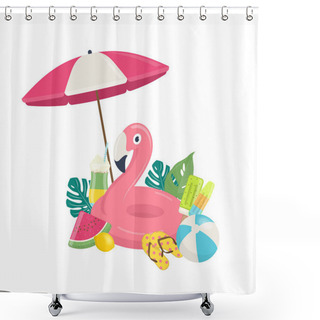 Personality  Summer Beach Vector Background With Pink Flamingo Inflatable Pool Float, Exotic Leaves,and Beach Accessories. Summer Beach Vacations Concept. Vector Illustration On White Backgroun Shower Curtains