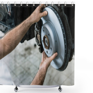 Personality  Cropped View Of Car Mechanic Holding Metallic Car Brake Near Automobile  Shower Curtains