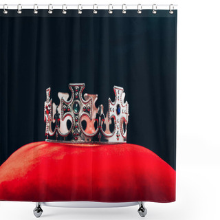 Personality  Ancient Silver Crown With Gemstones On Red Pillow, Isolated On Black Shower Curtains