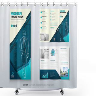 Personality  Tri Fold Brochure Design. Teal DL Corporate Business Template For Try Fold Brochure Or Flyer. Layout With Modern Elements And Abstract Background. Creative Concept Folded Flyer Or Brochure. Shower Curtains