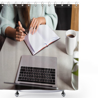 Personality  Cropped View Of Woman Studying Online With Notepad And Laptop In Cafe With Cup Of Coffee   Shower Curtains