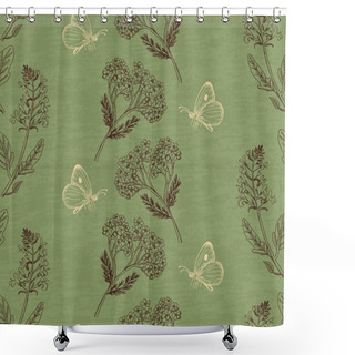 Personality  Vintage Seamless Pattern With Herbs On A Green Background Shower Curtains