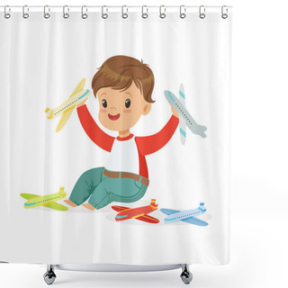 Personality  Boy Sitting On The Floor Playing With Toy Airplanes Shower Curtains