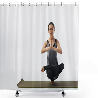 Personality  Woman Practicing Toe Stand On Yoga Mat Isolated On White Shower Curtains