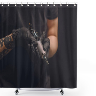 Personality  Tattoo Master In Gloves Holding Ink Machine Isolated On Black Shower Curtains