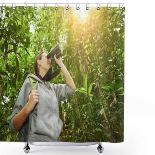 Personality  Hiker Watching Through Binoculars Wild Birds In The Jungle Shower Curtains