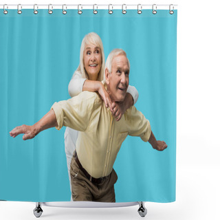Personality  Happy Retired Man With Outstretched Hands Near Cheerful Wife Isolated On Blue  Shower Curtains