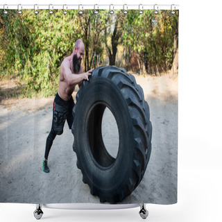 Personality  Muscular Man Working Out With Heavy Tire  Shower Curtains