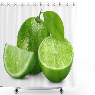 Personality  Ripe Lime With Green Leaves Isolated On White Background. Lime With Clipping Path. Lime Stack Full Depth Of Field Macro Shot. High End Retouching Shower Curtains