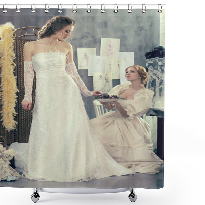 Personality  Girls In A Wedding Dress Make Fitting In The Clothing Design Studio Shower Curtains