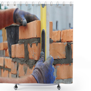 Personality  Bricklayer Using A Spirit  Level To Check New  Red Brick Wall Ou Shower Curtains