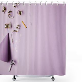 Personality  Top View Of Party Hat And Confetti Pieces On Violet Surface Shower Curtains