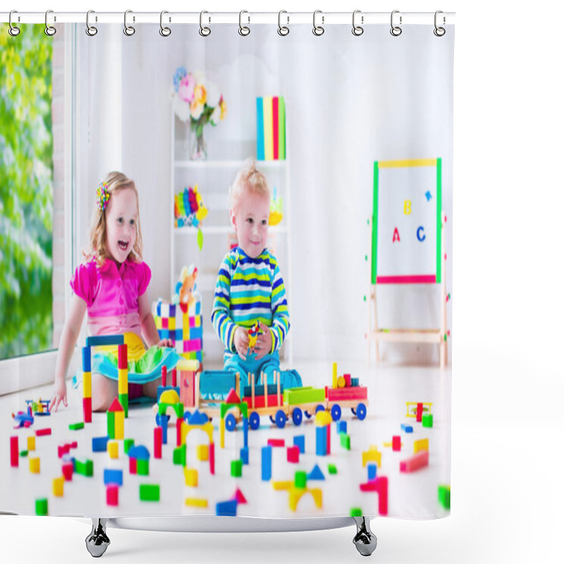 Personality  Kids playing at day care with wooden toys shower curtains