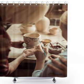 Personality  Close Up Of Girl Painting Clay Pot And Grandparents Helping At Workshop Shower Curtains