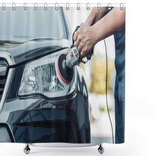 Personality  Cropped View Of Car Cleaner Polishing Headlamp With Polish Machine Shower Curtains