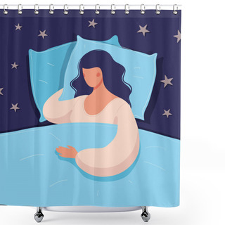 Personality  Beautiful Young Woman Is Sleeping In Bed. The Girl Is Sick At Home, Suffers From Loneliness, A Healthy Full Sleep, Insomnia. Concept Illustration. Flat Vector. Shower Curtains