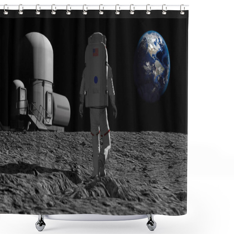 Personality  Astronaut Walking On The Moon And Admiring The Beautiful Earth. CG Animation. Elements Of This Image Furnished By NASA. 3D Rendering Shower Curtains