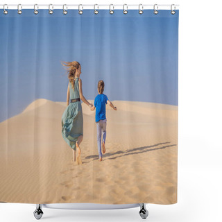 Personality  Mother And Son In The Desert. Traveling With Children Concept. Tourism Reopens After Quarantine COVID 19 Shower Curtains