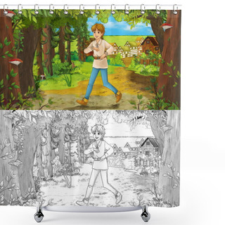 Personality  Cartoon Scene With Sketch With Happy Young Boy Child Prince Or Farmer In The Forest Traveling During Day - Illustration For Children Shower Curtains