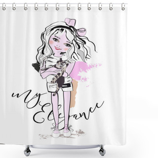 Personality  Sketch Of A Cute Fashion Girl With Her Pet  And Flowers. Hand Drawn Vector Illustration. Shower Curtains