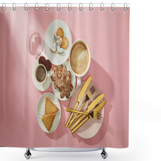 Personality  Top View Of Cookies With Glaze, Coffee And Glass Of Water On Pink Background Shower Curtains