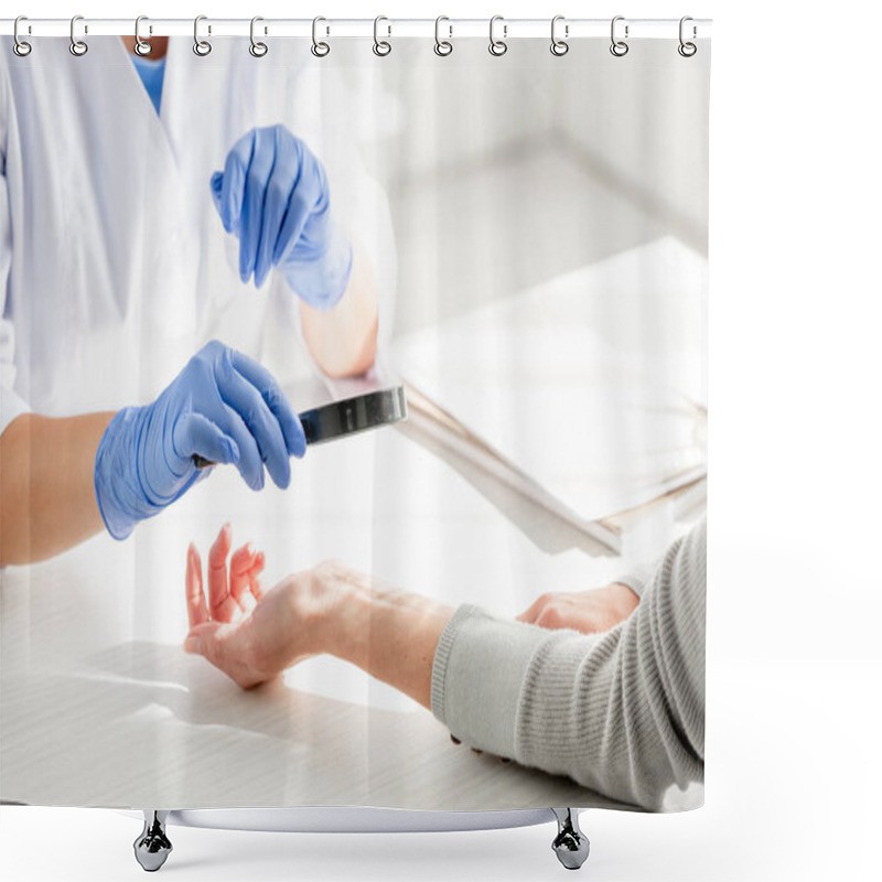 Personality  Cropped View Of Dermatologist Examining Skin Of Patient With Magnifying Glass In Clinic Shower Curtains