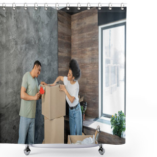 Personality  Smiling African American Couple Packaging Boxes With Adhesive Tape During Relocation Shower Curtains