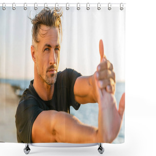 Personality  Close-up Shot Of Handsome Adult Sportsman Stretching Hand Before Training On Seashore Shower Curtains