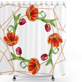 Personality  Amazing Red Tulip Flowers With Green Leaves. Hand Drawn Botanical Flowers. Watercolor Background Illustration. Frame Border Ornament Wreath. Geometric Quartz Polygon Crystal Stone. Shower Curtains