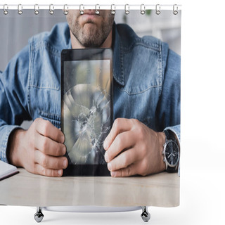Personality  Cropped View Of Businessman Holding Smashed Digital Tablet On Wooden Table Shower Curtains