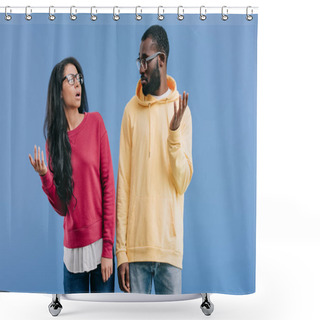 Personality  Confused African American Couple In Eyeglasses Looking At Each Other And Doing Dubium Gesture Isolated On Blue Background  Shower Curtains