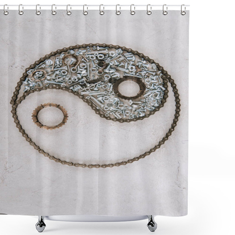 Personality  Top View Of Aged Metal Gears And Screws Arranged In Taijitu Symbol On Grey Background Shower Curtains