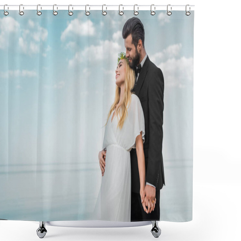 Personality  Wedding Couple In Suit And White Dress Hugging On Beach Shower Curtains