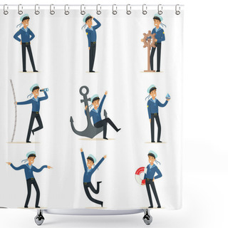 Personality  Sailor Character Doing His Job Set. Seaman In Different Situations Cartoon Vector Illustrations Shower Curtains