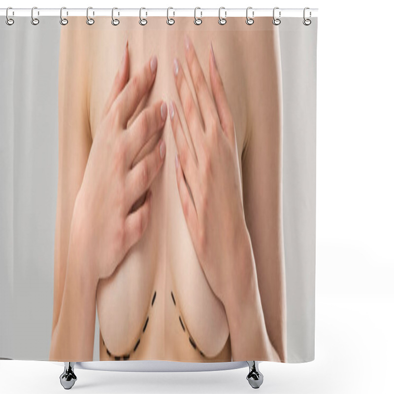 Personality  Panoramic Shot Of Topless Woman With Marks Under Breast Isolated On Grey Shower Curtains