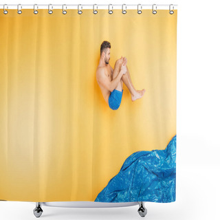 Personality  Handsome Young Man In Shorts Jumping In Imagine Sea On Yellow  Shower Curtains
